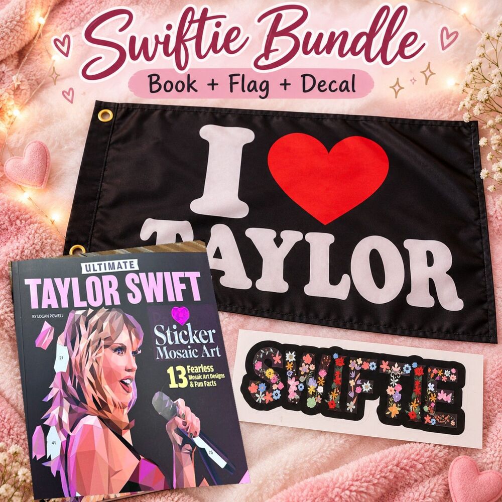 Taylor Swift Swiftie Bundle – Sticker Mosaic Book, I Love Taylor Flag + Decal